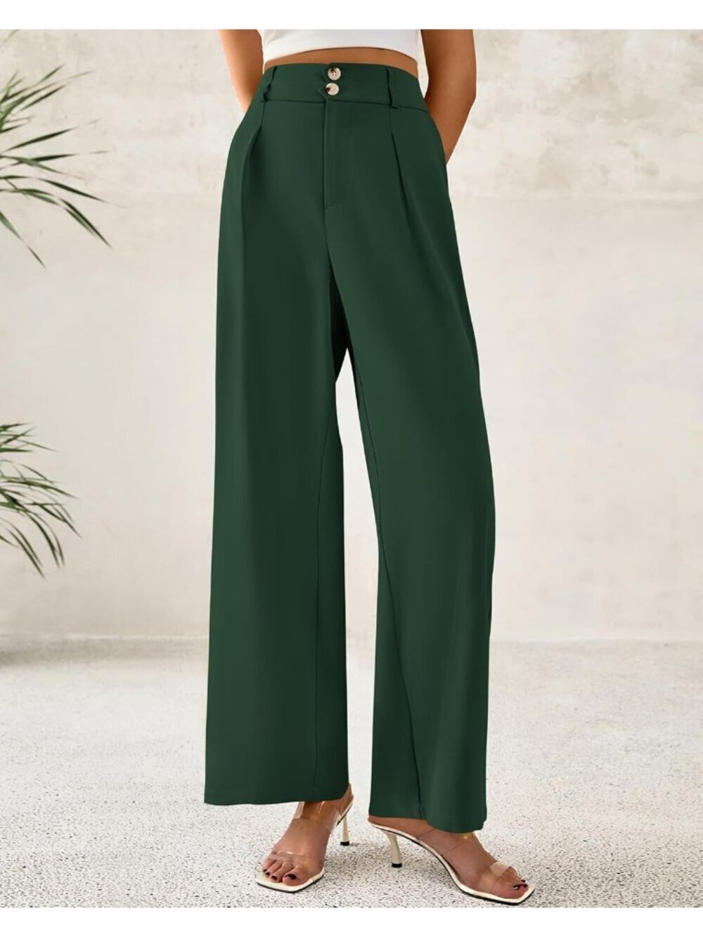 Women's Dark Green High Waisted Button Pleated Business Casual Wide Leg Pants - Picture 5 of 6